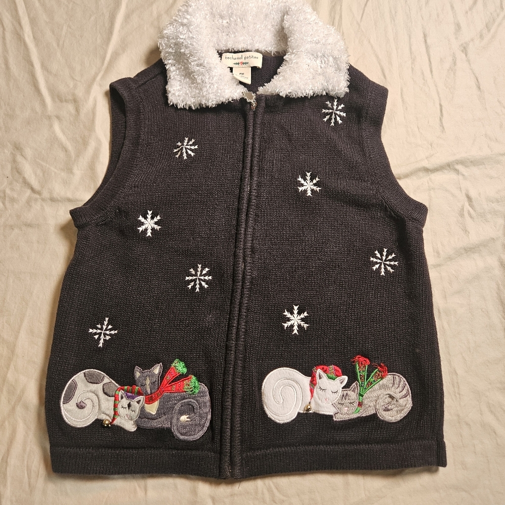Vtg‎ Bechamel Petites Winter Sweater Vest PM Black Zip Up Embroidered Cat Snow